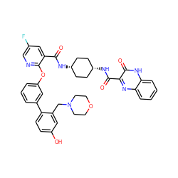 O=C(N[C@H]1CC[C@@H](NC(=O)c2nc3ccccc3[nH]c2=O)CC1)c1cc(F)cnc1Oc1cccc(-c2ccc(O)cc2CN2CCOCC2)c1 ZINC000261133497