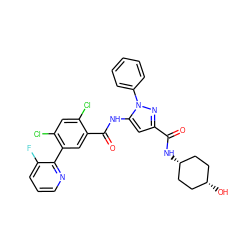 O=C(N[C@H]1CC[C@@H](O)CC1)c1cc(NC(=O)c2cc(-c3ncccc3F)c(Cl)cc2Cl)n(-c2ccccc2)n1 ZINC001772574560