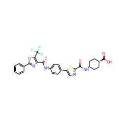 O=C(N[C@H]1CC[C@H](C(=O)O)CC1)c1ncc(-c2ccc(NC(=O)c3nc(-c4ccccc4)oc3C(F)(F)F)cc2)s1 ZINC000261178860