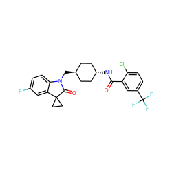 O=C(N[C@H]1CC[C@H](CN2C(=O)C3(CC3)c3cc(F)ccc32)CC1)c1cc(C(F)(F)F)ccc1Cl ZINC000653684778