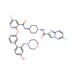 O=C(N[C@H]1CC[C@H](NC(=O)c2cc(F)cnc2Oc2cccc(-c3ccc(O)cc3CN3CCCOCC3)c2)CC1)c1cn2cc(F)ccc2n1 ZINC000167987511