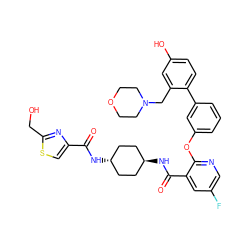 O=C(N[C@H]1CC[C@H](NC(=O)c2cc(F)cnc2Oc2cccc(-c3ccc(O)cc3CN3CCOCC3)c2)CC1)c1csc(CO)n1 ZINC000168294652