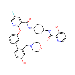 O=C(N[C@H]1CC[C@H](NC(=O)c2ncccc2O)CC1)c1cc(F)cnc1Oc1cccc(-c2ccc(O)cc2CN2CCOCC2)c1 ZINC000167669336