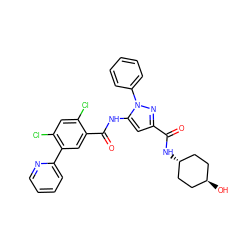 O=C(N[C@H]1CC[C@H](O)CC1)c1cc(NC(=O)c2cc(-c3ccccn3)c(Cl)cc2Cl)n(-c2ccccc2)n1 ZINC001772605980