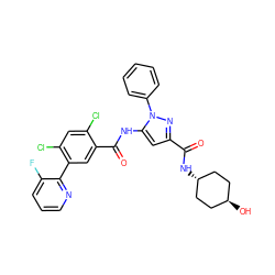 O=C(N[C@H]1CC[C@H](O)CC1)c1cc(NC(=O)c2cc(-c3ncccc3F)c(Cl)cc2Cl)n(-c2ccccc2)n1 ZINC001772621207