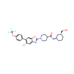 O=C(N[C@H]1CCC[C@H](CO)C1)C1CCN(c2nc3cc(Cl)c(-c4ccc(OC(F)(F)F)cc4)cc3o2)CC1 ZINC000096271073