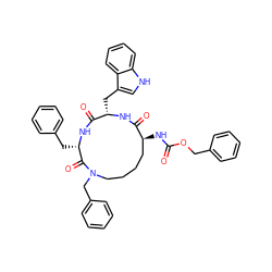 O=C(N[C@H]1CCCCN(Cc2ccccc2)C(=O)[C@H](Cc2ccccc2)NC(=O)[C@H](Cc2c[nH]c3ccccc23)NC1=O)OCc1ccccc1 ZINC000027085105