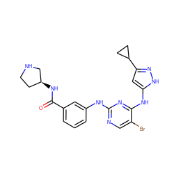 O=C(N[C@H]1CCNC1)c1cccc(Nc2ncc(Br)c(Nc3cc(C4CC4)n[nH]3)n2)c1 ZINC000139764446