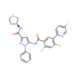 O=C(N[C@H]1CCOC1)c1cc(NC(=O)c2cc(-c3ccc(F)cn3)c(Cl)cc2Cl)n(-c2ccccc2)n1 ZINC001772587305