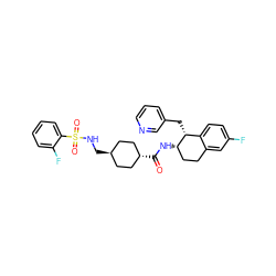 O=C(N[C@H]1CCc2cc(F)ccc2[C@H]1Cc1cccnc1)[C@H]1CC[C@H](CNS(=O)(=O)c2ccccc2F)CC1 ZINC000299847912