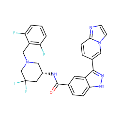 O=C(N[C@H]1CN(Cc2c(F)cccc2F)CC(F)(F)C1)c1ccc2[nH]nc(-c3ccc4nccn4c3)c2c1 ZINC000147787037