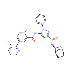 O=C(N[C@H]1CN2CC[C@@H]1C2)c1cc(NC(=O)c2cc(-c3ncccc3F)ccc2Cl)n(-c2ccccc2)n1 ZINC001772619884