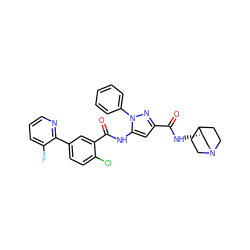 O=C(N[C@H]1CN2CCC1CC2)c1cc(NC(=O)c2cc(-c3ncccc3F)ccc2Cl)n(-c2ccccc2)n1 ZINC001772570021