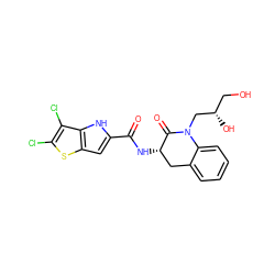 O=C(N[C@H]1Cc2ccccc2N(C[C@@H](O)CO)C1=O)c1cc2sc(Cl)c(Cl)c2[nH]1 ZINC000028818329