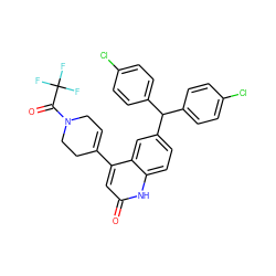 O=C(N1CC=C(c2cc(=O)[nH]c3ccc(C(c4ccc(Cl)cc4)c4ccc(Cl)cc4)cc23)CC1)C(F)(F)F ZINC001772613672