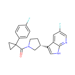 O=C(N1CC[C@H](c2c[nH]c3ncc(F)cc23)C1)C1(c2ccc(F)cc2)CC1 ZINC000084687133