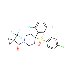 O=C(N1CCC(c2cc(F)ccc2F)(S(=O)(=O)c2ccc(Cl)cc2)CC1)C1(C(F)(F)F)CC1 ZINC000084586991