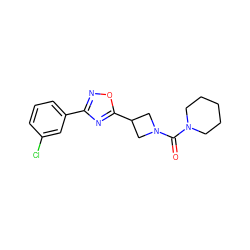 O=C(N1CCCCC1)N1CC(c2nc(-c3cccc(Cl)c3)no2)C1 ZINC000095573021