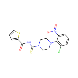 O=C(NC(=S)N1CCN(c2c(Cl)cccc2[N+](=O)[O-])CC1)c1cccs1 ZINC000004998756