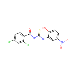 O=C(NC(=S)Nc1cc([N+](=O)[O-])ccc1O)c1ccc(Cl)cc1Cl ZINC000012495394