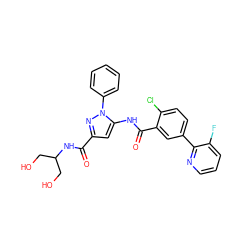 O=C(NC(CO)CO)c1cc(NC(=O)c2cc(-c3ncccc3F)ccc2Cl)n(-c2ccccc2)n1 ZINC001772636064