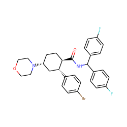 O=C(NC(c1ccc(F)cc1)c1ccc(F)cc1)[C@@H]1CC[C@@H](N2CCOCC2)C[C@H]1c1ccc(Br)cc1 ZINC000072318474