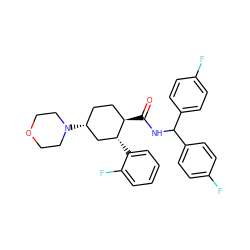 O=C(NC(c1ccc(F)cc1)c1ccc(F)cc1)[C@@H]1CC[C@@H](N2CCOCC2)C[C@H]1c1ccccc1F ZINC000072318475