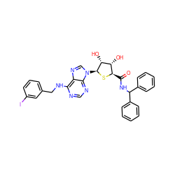 O=C(NC(c1ccccc1)c1ccccc1)[C@H]1S[C@@H](n2cnc3c(NCc4cccc(I)c4)ncnc32)[C@H](O)[C@@H]1O ZINC000049756529