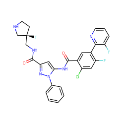 O=C(NC[C@@]1(F)CCNC1)c1cc(NC(=O)c2cc(-c3ncccc3F)c(F)cc2Cl)n(-c2ccccc2)n1 ZINC001772593368