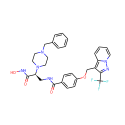 O=C(NC[C@@H](C(=O)NO)N1CCN(Cc2ccccc2)CC1)c1ccc(OCc2c(C(F)(F)F)nn3ccccc23)cc1 ZINC000068267033