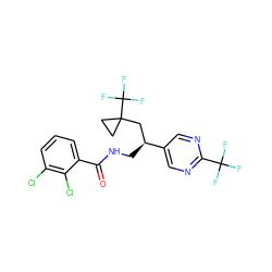 O=C(NC[C@@H](CC1(C(F)(F)F)CC1)c1cnc(C(F)(F)F)nc1)c1cccc(Cl)c1Cl ZINC000207692957