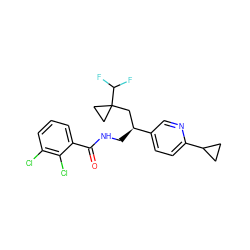 O=C(NC[C@@H](CC1(C(F)F)CC1)c1ccc(C2CC2)nc1)c1cccc(Cl)c1Cl ZINC000217365486