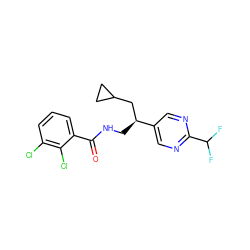 O=C(NC[C@@H](CC1CC1)c1cnc(C(F)F)nc1)c1cccc(Cl)c1Cl ZINC000473194881