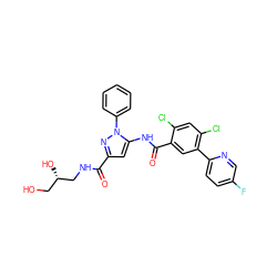 O=C(NC[C@@H](O)CO)c1cc(NC(=O)c2cc(-c3ccc(F)cn3)c(Cl)cc2Cl)n(-c2ccccc2)n1 ZINC001772608366