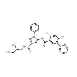 O=C(NC[C@@H](O)CO)c1cc(NC(=O)c2cc(-c3ccccn3)c(Cl)cc2Cl)n(-c2ccccc2)n1 ZINC001772621236