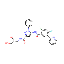 O=C(NC[C@@H](O)CO)c1cc(NC(=O)c2cc(-c3ccccn3)c(F)cc2Cl)n(-c2ccccc2)n1 ZINC001772599498