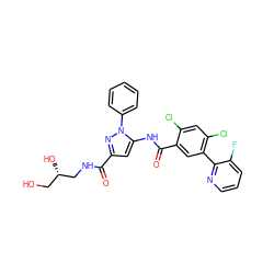 O=C(NC[C@@H](O)CO)c1cc(NC(=O)c2cc(-c3ncccc3F)c(Cl)cc2Cl)n(-c2ccccc2)n1 ZINC001772629502