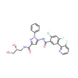 O=C(NC[C@@H](O)CO)c1cc(NC(=O)c2cc(-c3ncccc3F)c(F)cc2Cl)n(-c2ccccc2)n1 ZINC001772611142