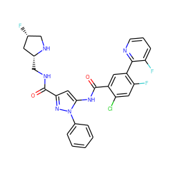 O=C(NC[C@@H]1C[C@H](F)CN1)c1cc(NC(=O)c2cc(-c3ncccc3F)c(F)cc2Cl)n(-c2ccccc2)n1 ZINC001772642564