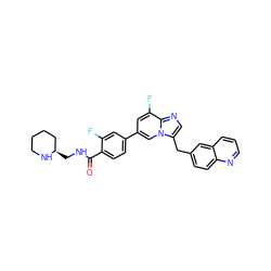 O=C(NC[C@@H]1CCCCN1)c1ccc(-c2cc(F)c3ncc(Cc4ccc5ncccc5c4)n3c2)cc1F ZINC000205328056