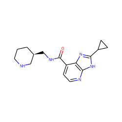 O=C(NC[C@@H]1CCCNC1)c1ccnc2[nH]c(C3CC3)nc12 ZINC000144666484