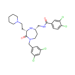 O=C(NC[C@@H]1CCN(Cc2cc(Cl)cc(Cl)c2)C(=O)[C@H](CCN2CCCCC2)N1)c1ccc(Cl)c(Cl)c1 ZINC000118683854