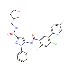 O=C(NC[C@@H]1CCOC1)c1cc(NC(=O)c2cc(-c3ccc(F)cn3)c(Cl)cc2Cl)n(-c2ccccc2)n1 ZINC001772589659