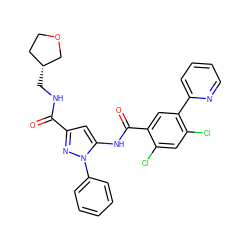 O=C(NC[C@@H]1CCOC1)c1cc(NC(=O)c2cc(-c3ccccn3)c(Cl)cc2Cl)n(-c2ccccc2)n1 ZINC001772624257