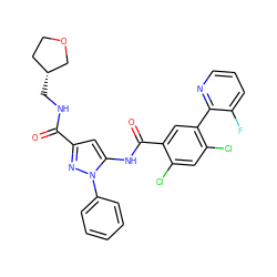 O=C(NC[C@@H]1CCOC1)c1cc(NC(=O)c2cc(-c3ncccc3F)c(Cl)cc2Cl)n(-c2ccccc2)n1 ZINC001772623227