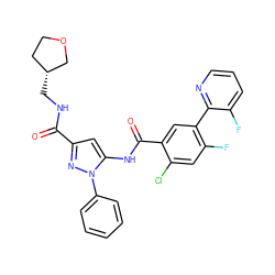 O=C(NC[C@@H]1CCOC1)c1cc(NC(=O)c2cc(-c3ncccc3F)c(F)cc2Cl)n(-c2ccccc2)n1 ZINC001772649666