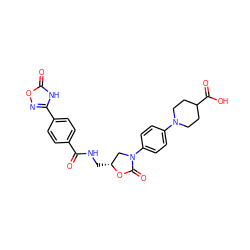 O=C(NC[C@@H]1CN(c2ccc(N3CCC(C(=O)O)CC3)cc2)C(=O)O1)c1ccc(-c2noc(=O)[nH]2)cc1 ZINC000096271561