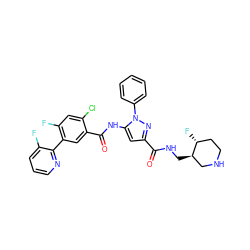 O=C(NC[C@@H]1CNCC[C@H]1F)c1cc(NC(=O)c2cc(-c3ncccc3F)c(F)cc2Cl)n(-c2ccccc2)n1 ZINC001772582549