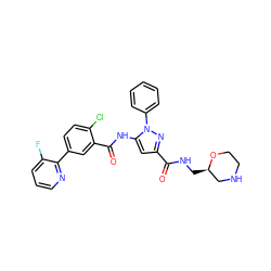 O=C(NC[C@@H]1CNCCO1)c1cc(NC(=O)c2cc(-c3ncccc3F)ccc2Cl)n(-c2ccccc2)n1 ZINC001772570477