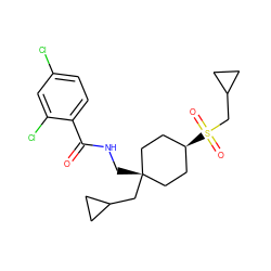 O=C(NC[C@]1(CC2CC2)CC[C@H](S(=O)(=O)CC2CC2)CC1)c1ccc(Cl)cc1Cl ZINC000254132896